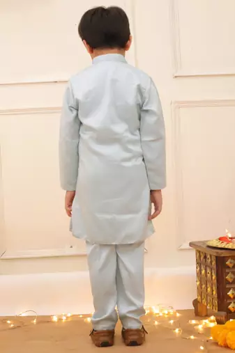 Blue embroidered silk blend kurta pyjama set for boy