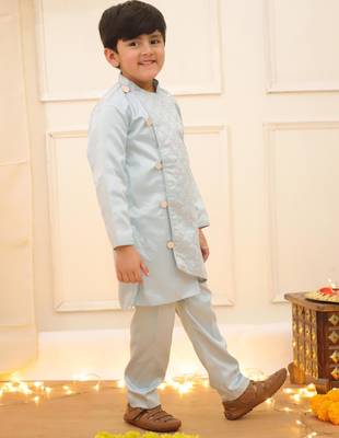 Blue embroidered silk blend kurta pyjama set for boy 3