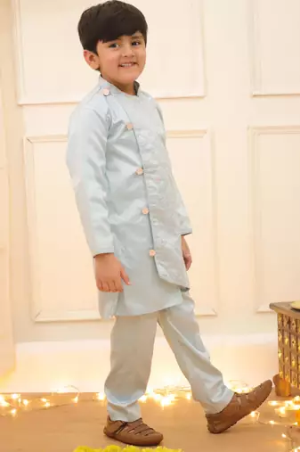 Blue embroidered silk blend kurta pyjama set for boy