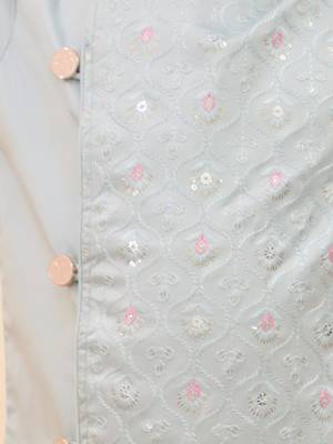 Blue embroidered silk blend kurta pyjama set for boy 4