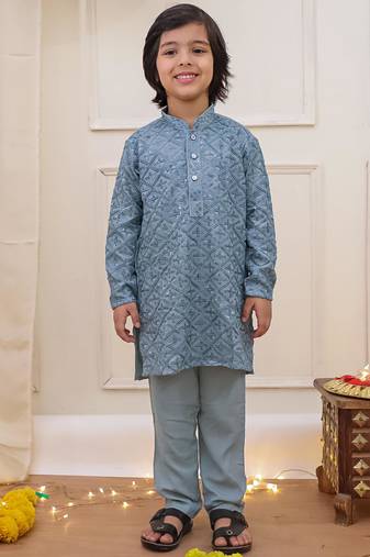 Grey sequins work rayon kurta pyjama set for boy