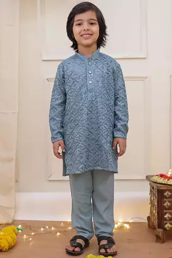 Grey sequins work rayon kurta pyjama set for boy