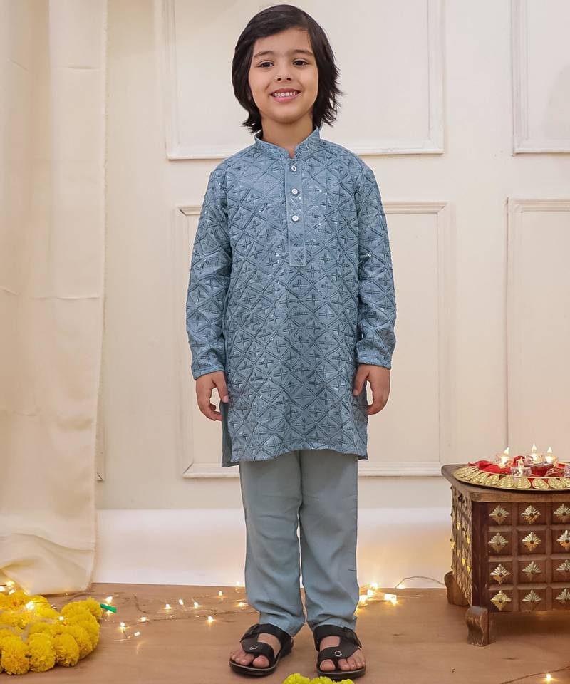 Grey sequins work rayon kurta pyjama set for boy