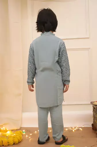 Grey sequins work rayon kurta pyjama set for boy