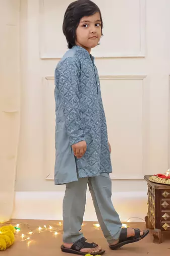 Grey sequins work rayon kurta pyjama set for boy