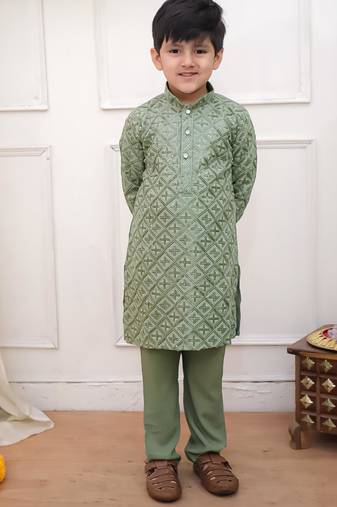 Green sequins work rayon kurta pyjama set for boy