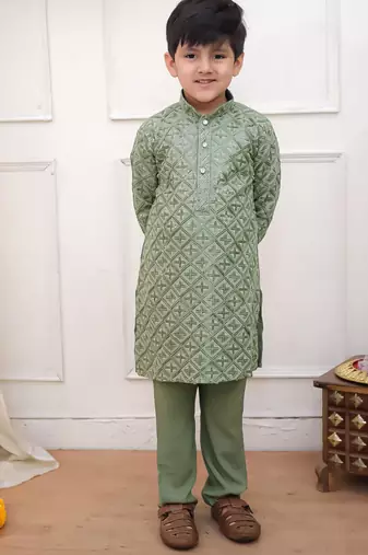 Green sequins work rayon kurta pyjama set for boy
