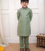 Green sequins work rayon kurta pyjama set for boy