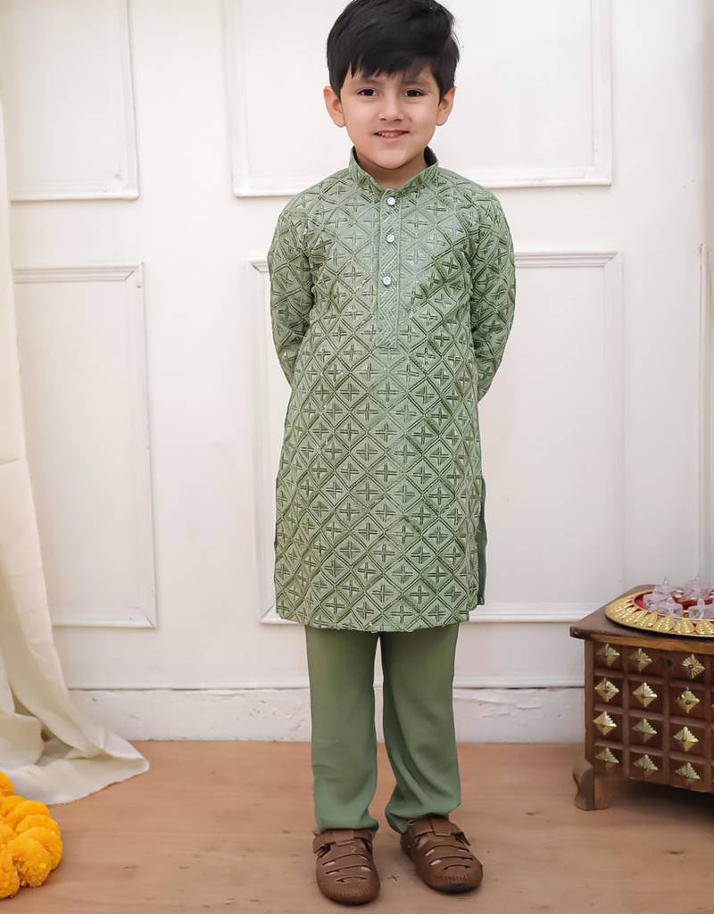 Green sequins work rayon kurta pyjama set for boy