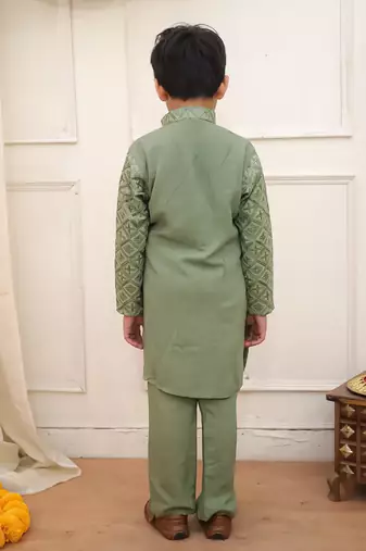 Green sequins work rayon kurta pyjama set for boy