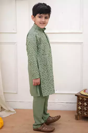 Green sequins work rayon kurta pyjama set for boy