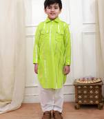 Green woven lurex cotton pathani with salwar set for boy