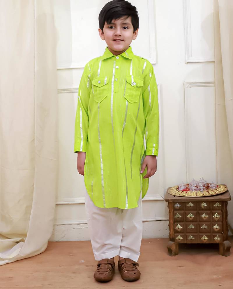 Green woven lurex cotton pathani with salwar set for boy