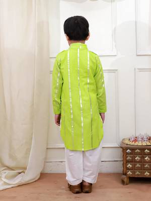 Green woven lurex cotton pathani with salwar set for boy 2