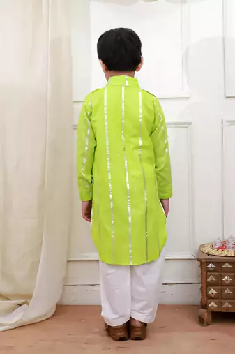 Green woven lurex cotton pathani with salwar set for boy