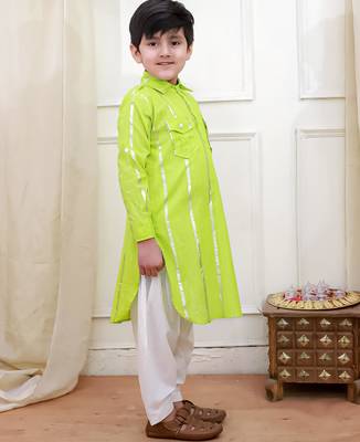 Green woven lurex cotton pathani with salwar set for boy 3