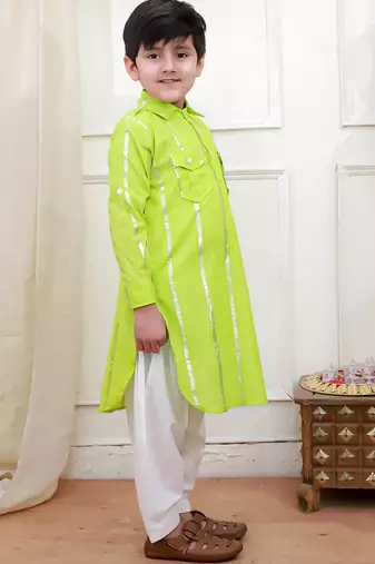 Green woven lurex cotton pathani with salwar set for boy