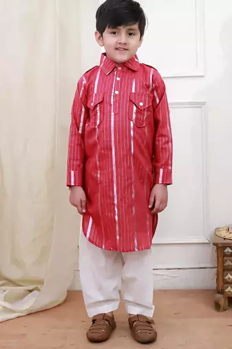 Red woven lurex cotton pathani with salwar set for boy