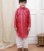 Red woven lurex cotton pathani with salwar set for boy