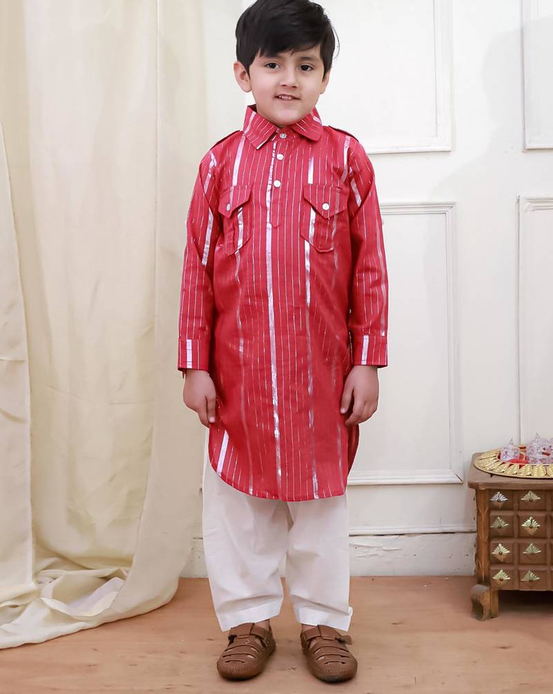 Red woven lurex cotton pathani with salwar set for boy