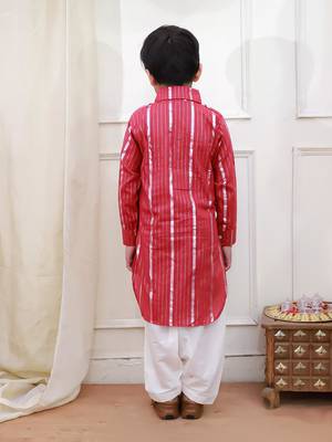 Red woven lurex cotton pathani with salwar set for boy 2