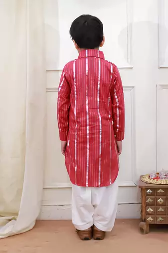 Red woven lurex cotton pathani with salwar set for boy