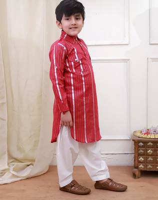 Red woven lurex cotton pathani with salwar set for boy 3