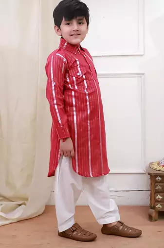 Red woven lurex cotton pathani with salwar set for boy