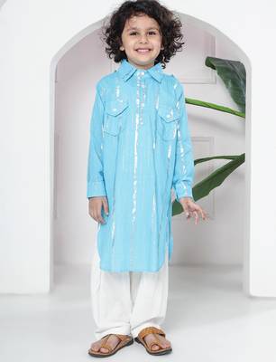 Sky blue woven lurex cotton pathani with salwar set for boy 1
