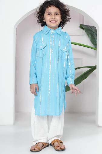Sky blue woven lurex cotton pathani with salwar set for boy