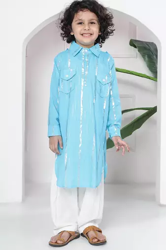 Sky blue woven lurex cotton pathani with salwar set for boy