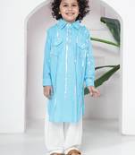 Sky blue woven lurex cotton pathani with salwar set for boy
