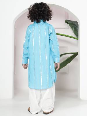 Sky blue woven lurex cotton pathani with salwar set for boy 2
