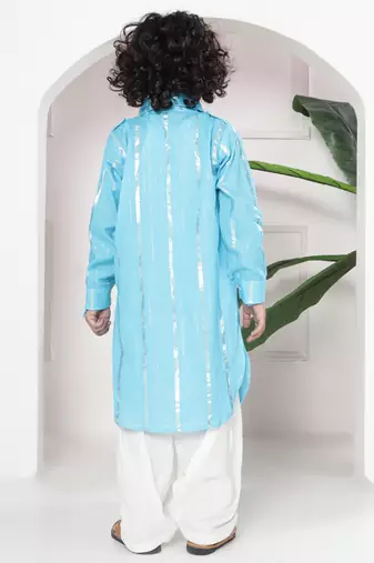 Sky blue woven lurex cotton pathani with salwar set for boy