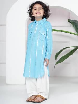 Sky blue woven lurex cotton pathani with salwar set for boy 3