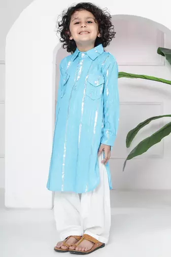 Sky blue woven lurex cotton pathani with salwar set for boy