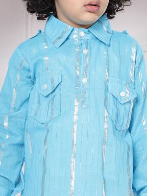 Sky blue woven lurex cotton pathani with salwar set for boy 4