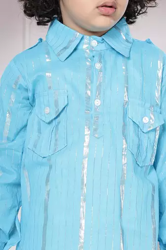 Sky blue woven lurex cotton pathani with salwar set for boy