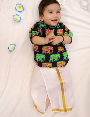 Navy elephant print cotton kurta with lungi set for boy 1