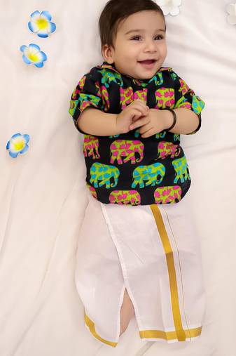 Navy elephant print cotton kurta with lungi set for boy