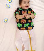 Navy elephant print cotton kurta with lungi set for boy