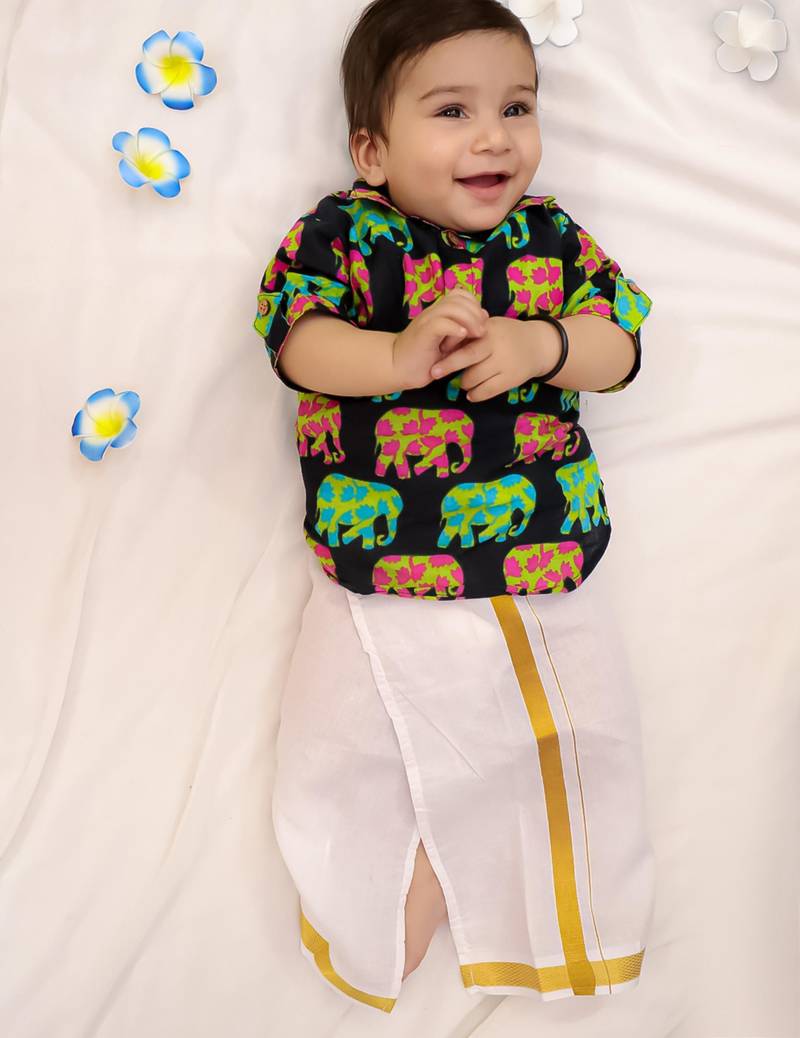 Navy elephant print cotton kurta with lungi set for boy