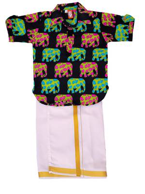 Navy elephant print cotton kurta with lungi set for boy 2
