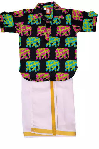 Navy elephant print cotton kurta with lungi set for boy