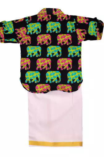 Navy elephant print cotton kurta with lungi set for boy