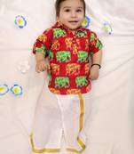 Red elephant print cotton kurta with lungi set for boy