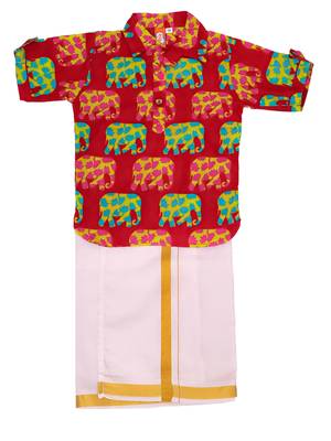 Red elephant print cotton kurta with lungi set for boy 2