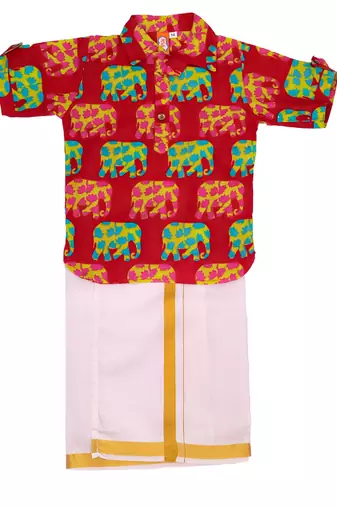 Red elephant print cotton kurta with lungi set for boy