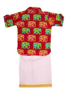 Red elephant print cotton kurta with lungi set for boy 3