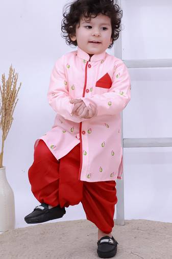 Pink printed silk kurta with dhoti set for boy